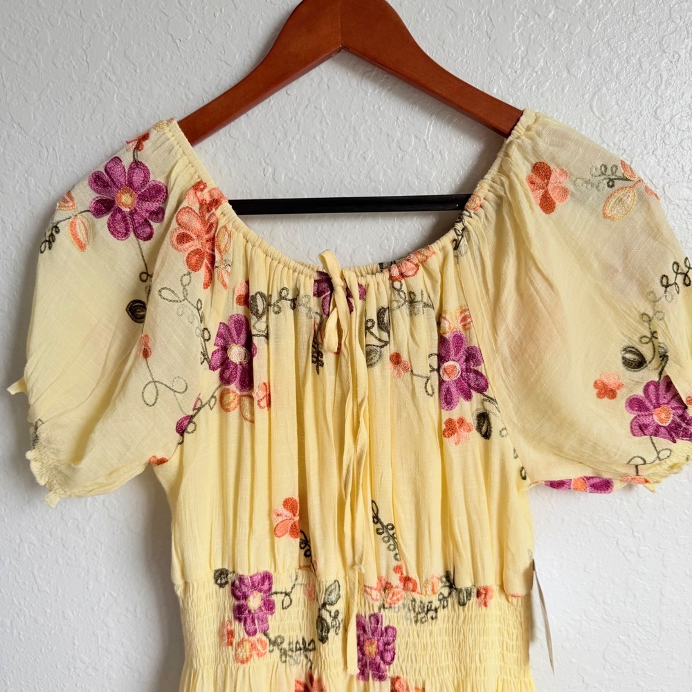 Anthro Kindred Smocked Maxi Dress Butter Yellow Embroidered NWT Cottagecore - Picture 6 of 16